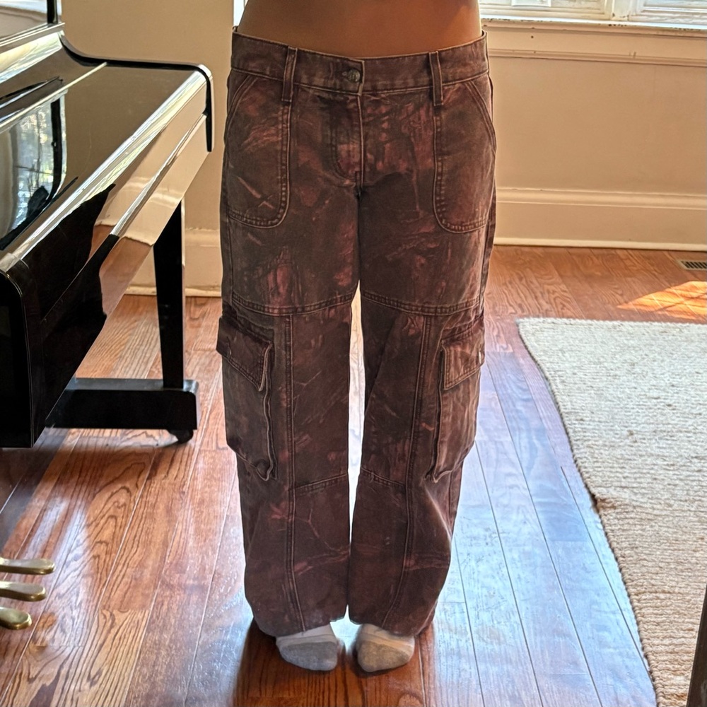 Revice Denim Amelia Low Rise Cargo Pants Red Purple Tie-Dye Real Tree Camo